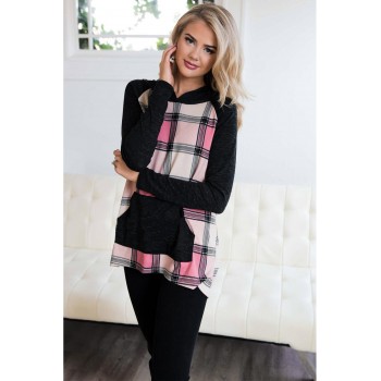 Pink Plaid Pullover Hoodie Yellow